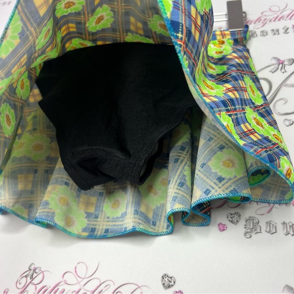 Mini skirt skort cottagecore lime green daisys and plaid picnic pattern blue y2k - Picture 5 of 8